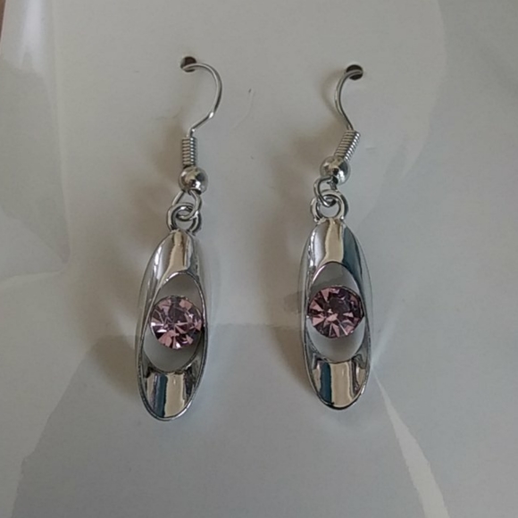Jewelry - Silver Tone Drop Earrings with Center Pink Stone